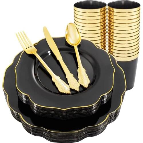 Black Transparent Plastic Plate With Gold Rim and Golden Disposable Tableware Plastic Cup Halloween Birthday Party Decorations