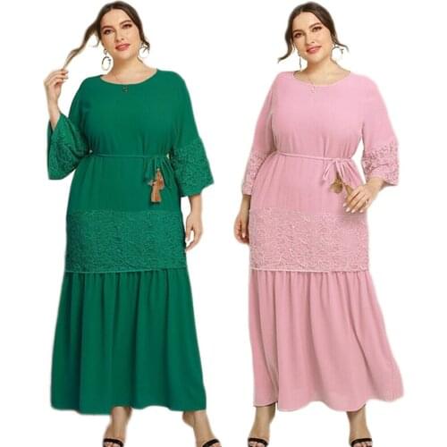 Dubai Kaftan Muslim Women Long Dress Lace Patchwork Abaya Islamic Vestido Ramadan Party Evening Maxi Robe Gown Turkish Plus Size