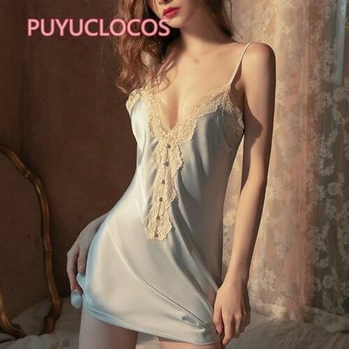 Women Summer Sleepwear V Neck Nightgown Sexy Spaghetti Strap Sleeveless Lace Dress Underwear Exotic Lingeries
