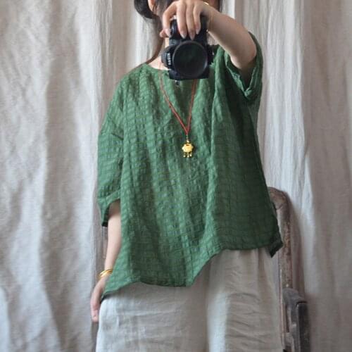 Johnature Women Plaid Cotton Linen T-Shirts Loose Vintage Button Summer O-Neck Short Sleeve Female 2021 New Casual T-Shirts