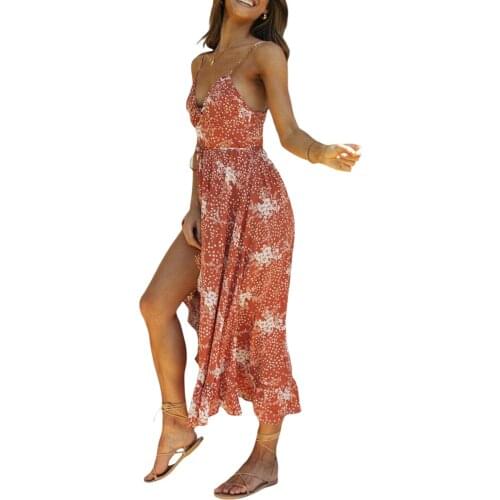 Women Casual Long Dress, Floral Printed Pattern V-neck Sleeveless , Beige/ Green/ Chocolate