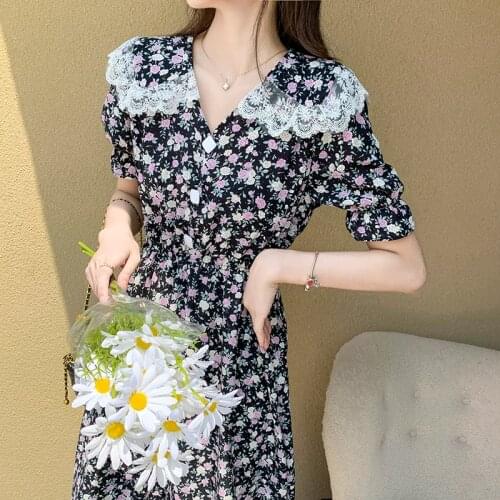 Summer 2021 Korean Medium Length Vestidos Women Chiffon Dress Floral Print Slim Elastic Waist Preppy Style V-neck Ladies Dresses