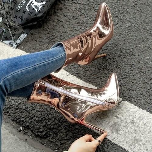 Winter Lady Ankle Boots Patent Leather Pointed Toe Fashion All-Match Fall Sexy Super Thin High Heels Women Oversize Short Boots
