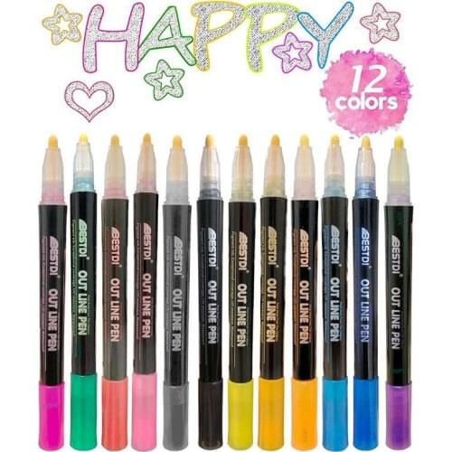 12 Color Metal Paint Marker brush Pen set Double Line Outline Glitter for Drawing Painting Doodling School art Supplies markers