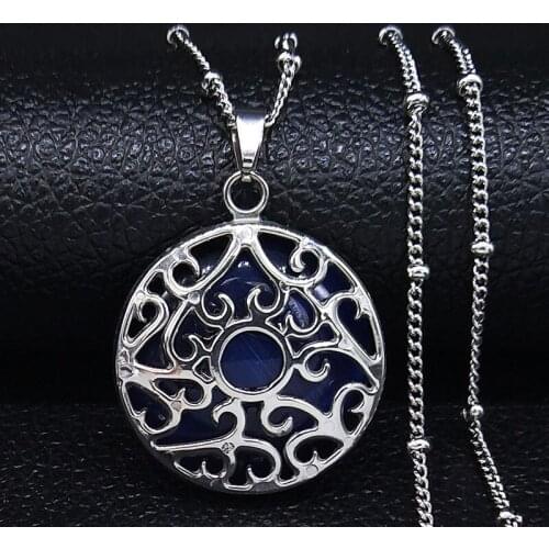 2021 Round Blue Opal Stainless Steel Necklace for Women Silver Color Flower of Life Necklace Fashion Jewelry joyeria N20169