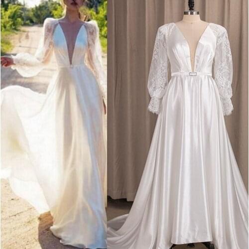 4222#Factory Price 100 % real sample photo Long Sleeve Sexy V-Neck Open Back Satin Plain wedding dress bridal gown