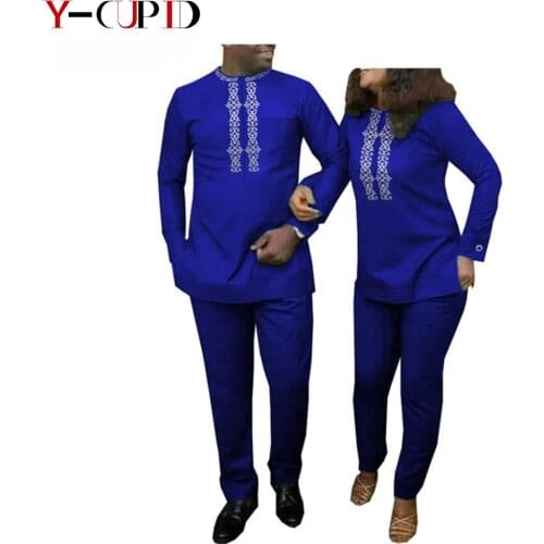 African Clothes for Couples Women Wax Hot Gold Applique Tee Top and Pants Sets Matching Bazin Men 2 Pieces Suit Outfits YA20C001