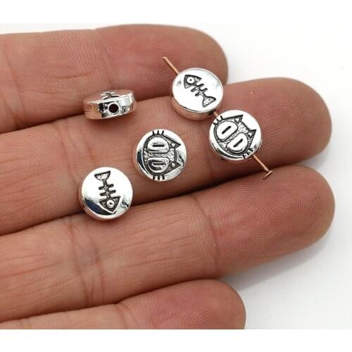 20PCS Antique Silver Plated Cat Fish Spacer Beads Round Loose Beads for Jewelry Making Bracelet Accessories 10mm