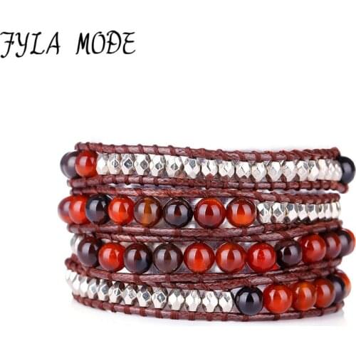 Fyla Mode Exclusive Dream Stone Bead Weaving Bracelet With Selected Faceted Beads 4 Strands Fake Leather Wrap Bracelets Holiday