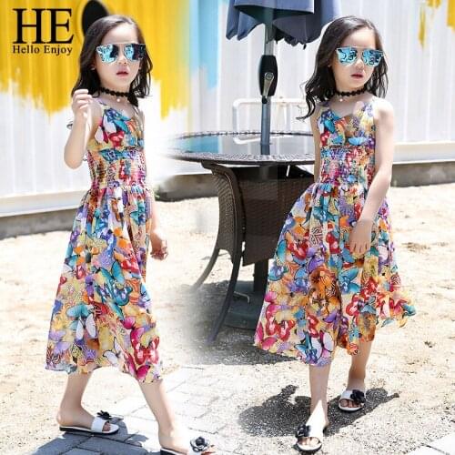 HE Hello Enjoy Baby Girl Summer Sling Dress Butterfly Printed Sleeveless Ruffled Dresses Children Casual Dress Princess dress