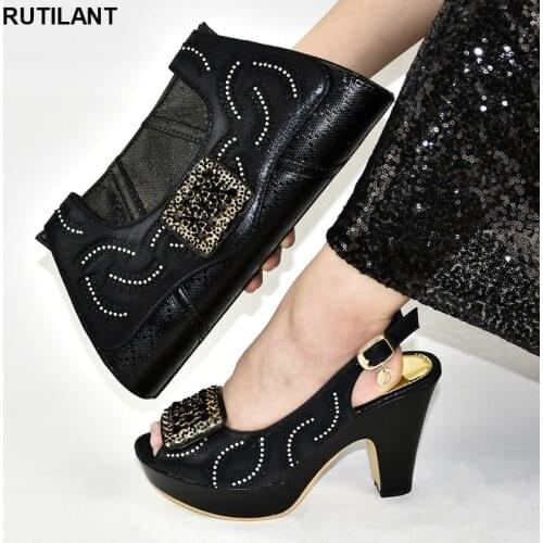 Black Color Ladies Shoe and Bag Set Decorated with Rhinestone Women Shoe and Bag To Match for Party Ladies Sandals with Heels