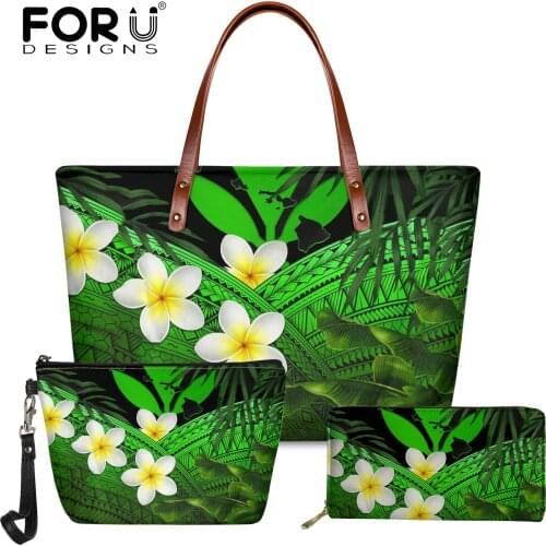 FORUDESIGNS Women 3Pcs Set Shoulder Bag and Wallet Cosmatic Bag Hawaii Polyneisa Tribal Flower Print Leather Tote Bag Sac A Main