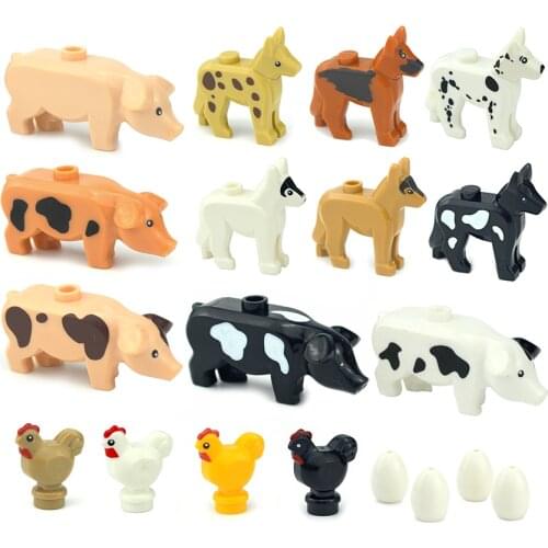 MOC Farm Animal Building Blocks Cute Pets Pigs Chicken Police Dog City Accessories DIY Parts Bricks Toys Educational Blocks C181