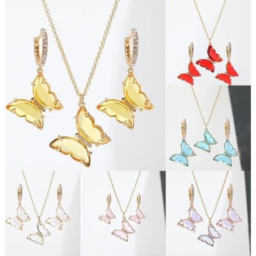 Cute Female Rainbow Crystal Jewelry Set Charm Gold Color Hoop Earrings For Women Dainty Butterfly Wedding Chain Necklace