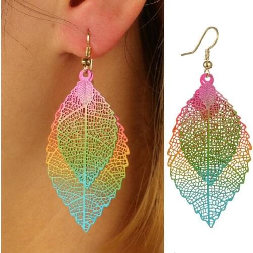 Fashion Metal Hollow Colorful Leaf Pendant Drop Hook Earrings Statement Jewelry Minimalist Girls Boho Simple Cute Earings 2020