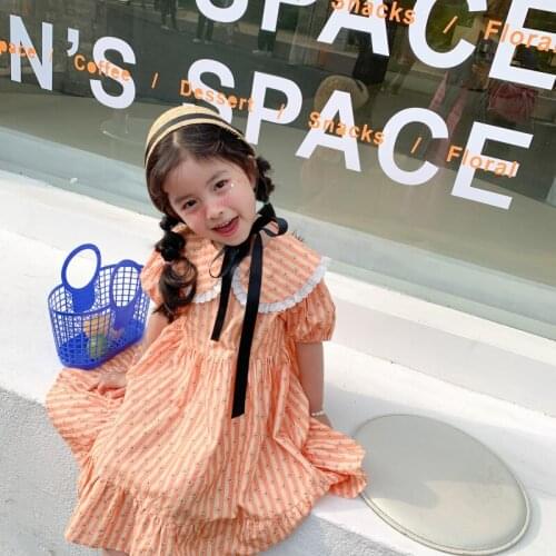 Summer New Arrival Korean style girls dress short sleeve striped sweet flowers dress with big lapel for cute baby girls