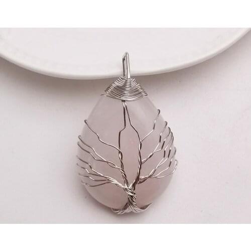 Fashion natural rose quartz stone pendants handmade Wire Wrap tree of life drop shape Wholesale 4pcs/lot free shipping