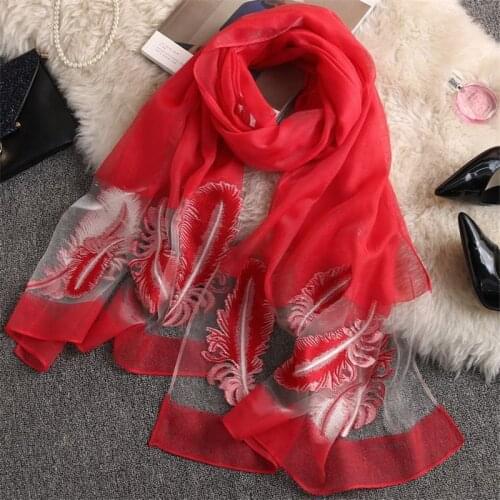 Luxury Brand Women Cut Flower Scarf Organza Sunscreen Shawl Foulard Femme Embroidery Beach Towel Feather Silk Scarves Hijab
