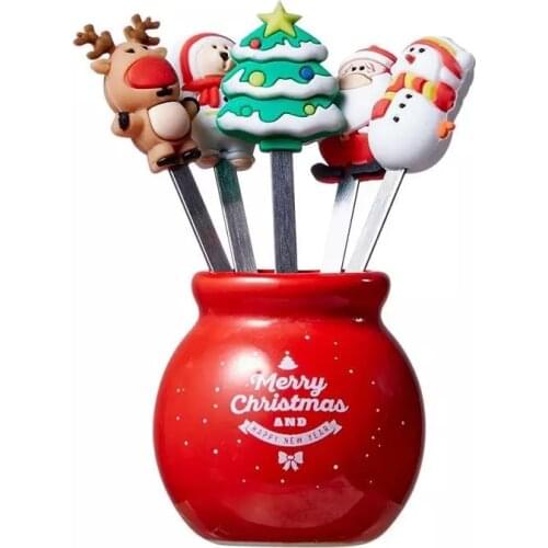 5Pcs/Set Christmas Fruit Fork Stainless Cartoon Santa Claus Salad Stick Dessert For Party Decoration Accessories Vegetable Forks