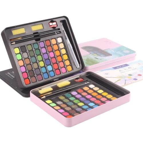 36/48 Colors Professional Solid Watercolor Set Nylon Paintbrush Fountain Pen Portable Metal Box Drawing Watercolor Paper Supply