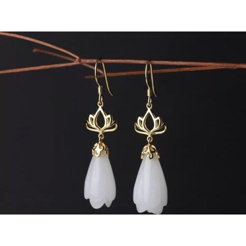 Natural Hetian White Jade Earrings Chinese Retro Lotus Unique Pattern Designer Craft Charm Womens Brand Silver Jewelry