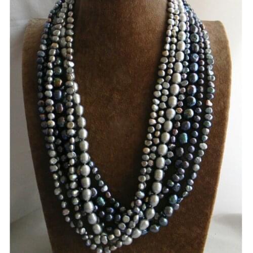 Wedding Woman Jewelry 24'' 60cm 7 Strands Gray Black Read Pearl Necklace Natural Freshwater Pearl Handmade