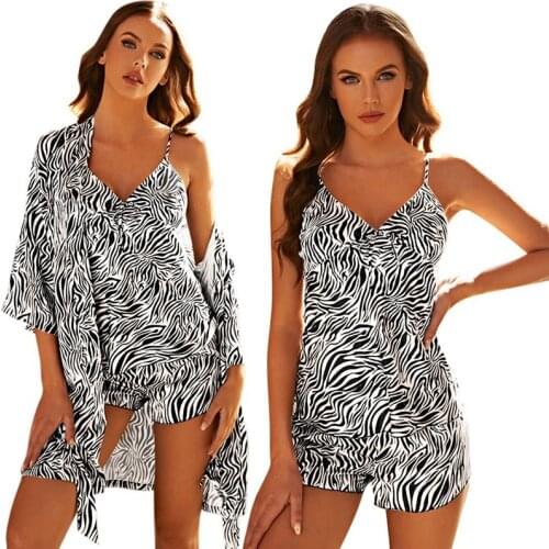 Spring Summer Ladies Printed Sling Pajamas Set Soft Breathable Imitation Silk Home Wear Casual Pajamas Three-piece