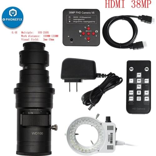 38MP 1080P HDMI VGA Video Microscope Camera + 130X /200X /250X Adjustable Zoom C Mount Len + 56 LED Ring Light For PCB Soldering