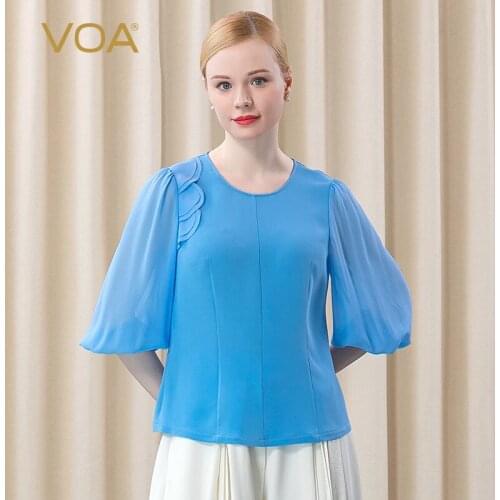 VOA Silk Heavy 41m/m Water Blue Lantern Sleeve Woman Tshirts Asymmetrical Lotus Leaf Edge Stitched Round Collar T-shirt BE395