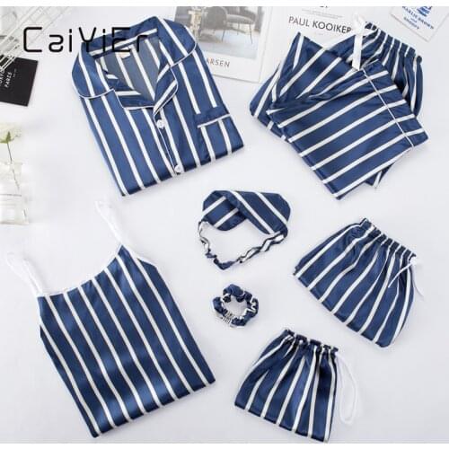 CAIYIER Women Spring Summer Nightwear Silk Satin Pajamas Set 7 Pcs Sexy Stripe Sleepwear Lingerie Female Flower Robe Loungewear