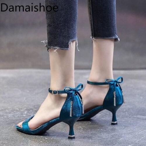 Womens Shoes Fashion One Strap Fashion Sandals Fairy 2021 New Comfort Summer Mid Heels Blue High Heels for Women Stilettos Bow