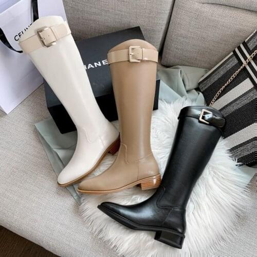 Ochanmeb Gorgeous Natural Genuine Leather Knee Boots Women Belt Metal Buckle Knight Riding Equestrian Boot Shoes Woman Winter 41