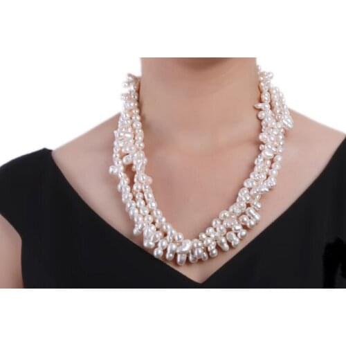 3 Rows Women Jewelry 10-12mm white baroque freshwater pearl necklace AAA natural pearl top quality gift