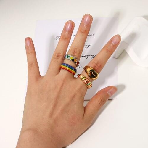 18K Gold Plated Stainless Steel Rainbow Croissant Pride Rings For Women Men Multicolor LGBT Pulsera Heart Shape Rings