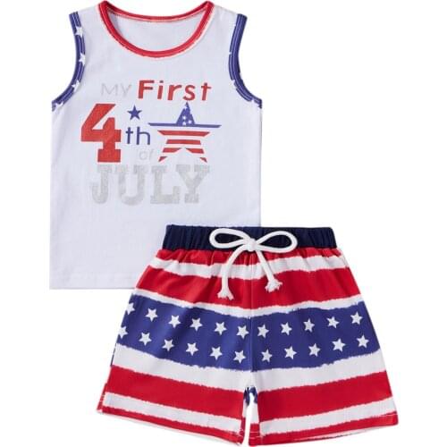 2021-03-25 Lioraitiin 0-12M Newborn Independence Day Clothes Set Boys Letter Print Sleeveless O-neck Tops Striped Shorts