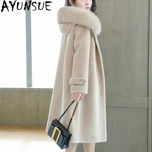AYUNSUE 2020 Real Fur Coat Female 100% Wool Warm Winter Clothes Women Fox Fur Collar Hooded Woman Jacket Abrigo Mujer RT1798-8