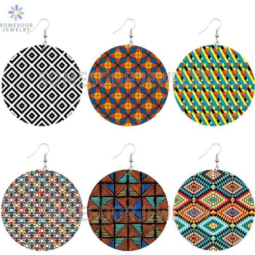 SOMESOOR Bohemian AFRO Fabric Pattern Printed African Wooden Drop Earrings Big Loops Pendant Dangle Jewelry For Women Gifts