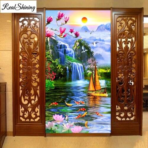 Large DIY Diamond Embroidery Waterfall Boat 5d Full diamond painting Cross Stitch Mosaic Sunrise Magnolia Flowers Koi FIsh F273
