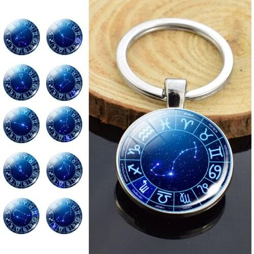 12 Constellation Keychain Glass Dome Metal Car Keychain Zodiac Sign Pendant Zodiac Jewelry Fashion Accessories