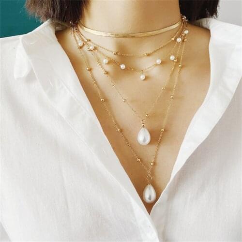 Vintage Fashion Boho Golden Snake Chain Metal Beads Artificial Pearl Pendant Necklace For Women Multilevel Choker Chains Jewelry