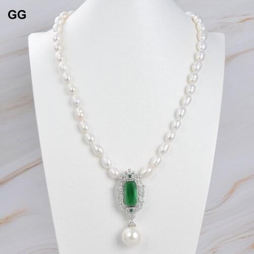 GuaiGuai Jewelry 23" White Pearl Sea Shell Pearl Pendant Green Crystal CZ Necklace CZ