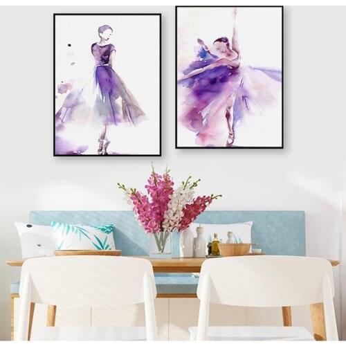 And Prints Home Decoration Wall Pictures No Frame Watercolor Purple Ballet Dancer Canvas Painting Gril Roon Art Nordic Posters
