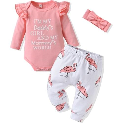 3pcs Infant Baby Girl Clothing Set Long Sleeve Letter Newborn Romper and Flamingo Print Pants Bandana Set For Baby Birth Clothes