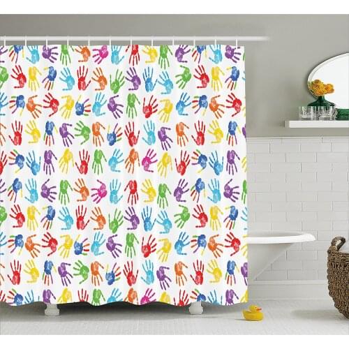 Colorful Shower Curtain Human Handprint Kids Watercolor Paint Effect Open Palms Collage Art Work Print Waterproof Bath Curtains