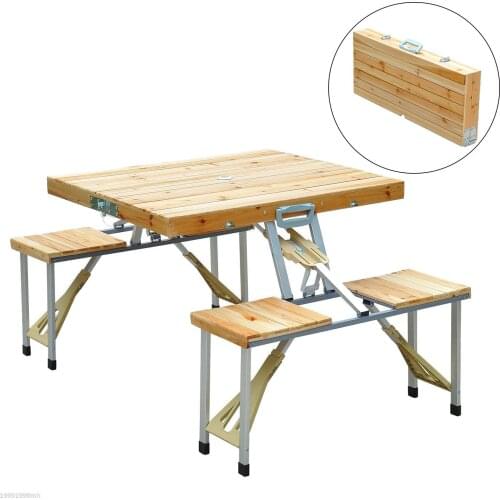 Outsunny Maleta Mesa Plegable Camping Picnic Playa 4 Asiento Agujero de Sombrilla Madera