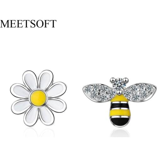 MEETSOFT Silver Plated Prevent Allergy Fashion Stud Earring for Women Design Trendy Crystal Flower Bee Cute Little Jewelry Gift