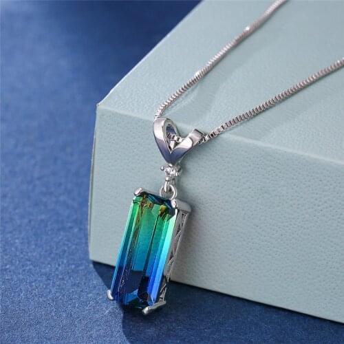 Cute Female Blue Green Rainbow Stone Necklace Square Gemoetric Pendant Necklace Rose Gold Color Wedding Necklaces For Women