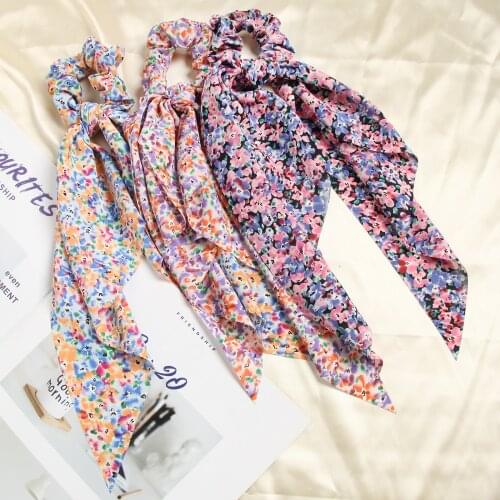 Fashion Floral Printing Bow Long Ribbon Ponytail Scarf Hair Tie Scrunchies Women Girls Elastic Hair Bands Hair Accessories