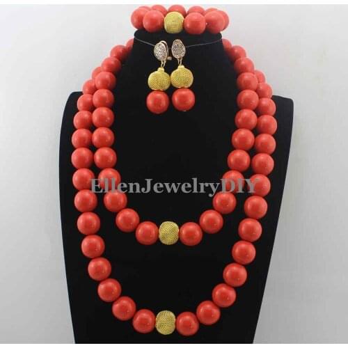 Fashion Round Orange Artificial Coral Beads Jewelry Set Charms Nigerian Wedding African beads Jewelry Set Free Shipping! W13009