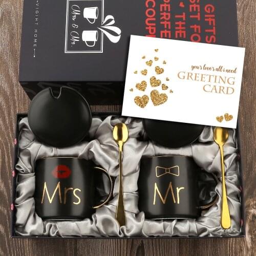 Mr and Mrs Coffee Mugs Cups Gift-Set for Engagement Wedding Bridal Shower Bride and Groom To Be Newlyweds Couples Black Ceramic